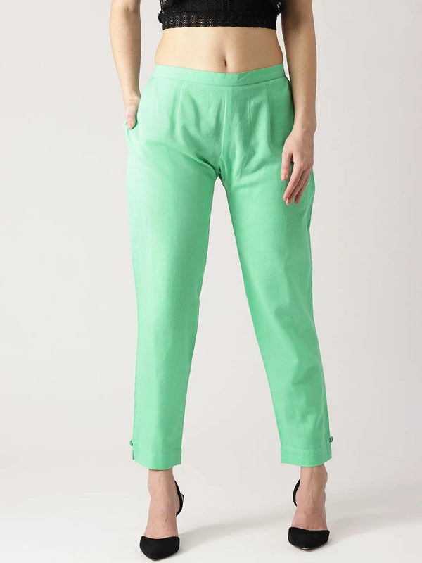 Green Solid Cotton Trousers - Jashvi