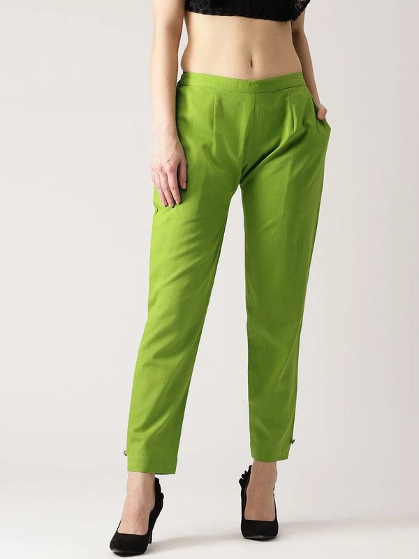 Green Solid Cotton Trousers - Jashvi