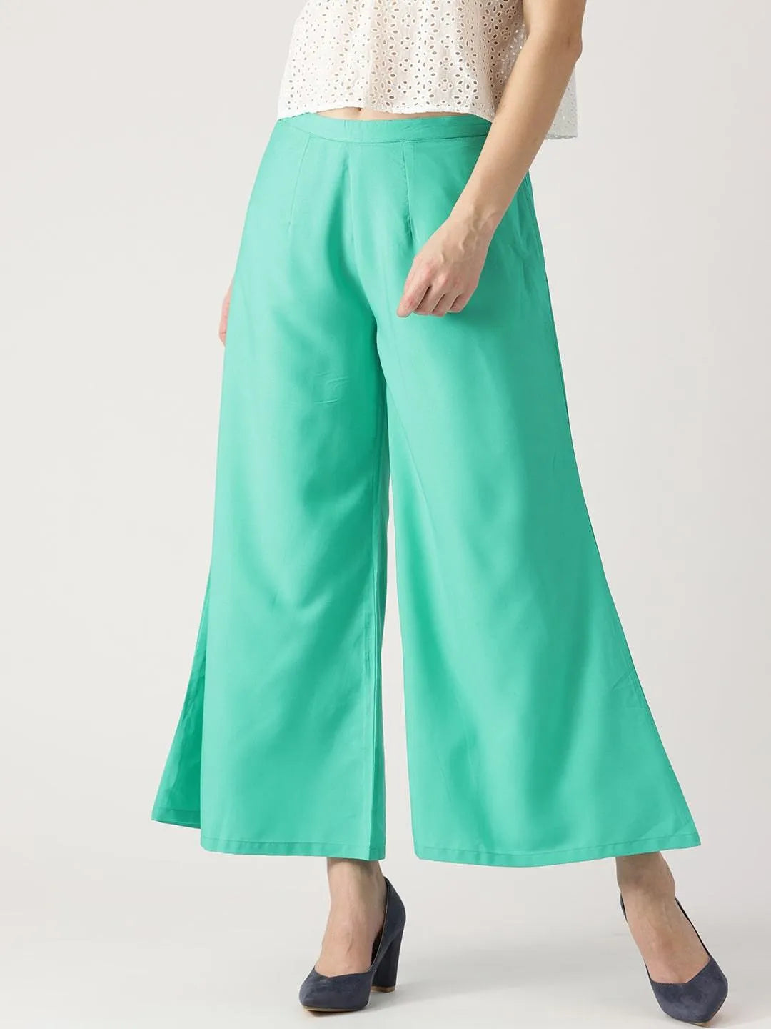 Green Solid Crepe Palazzos - Jashvi