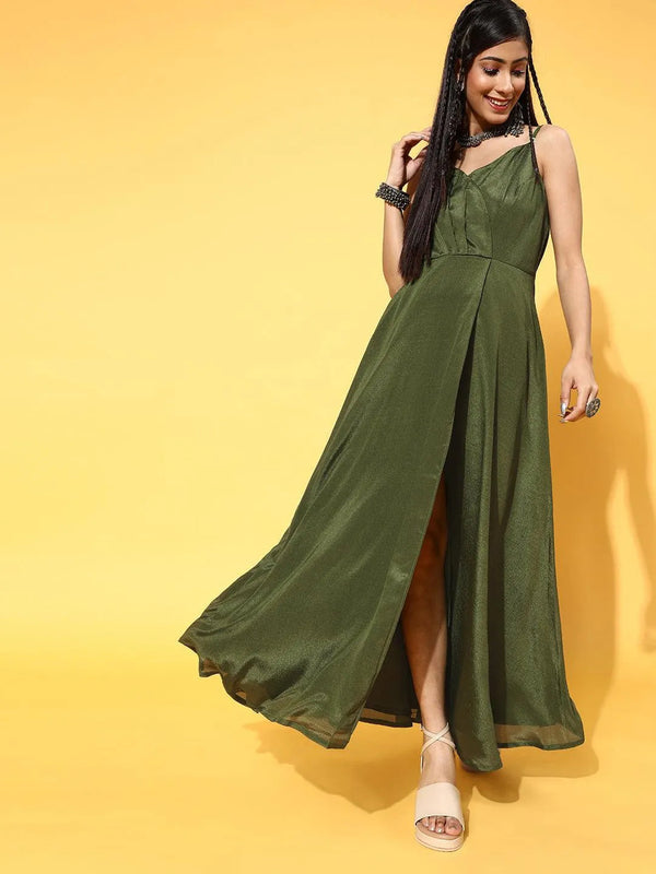 Green Solid Georgette Dress - Jashvi