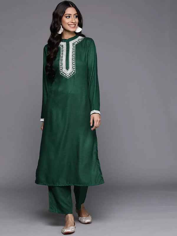 Green Solid Pashmina Wool Kurta Set - Jashvi