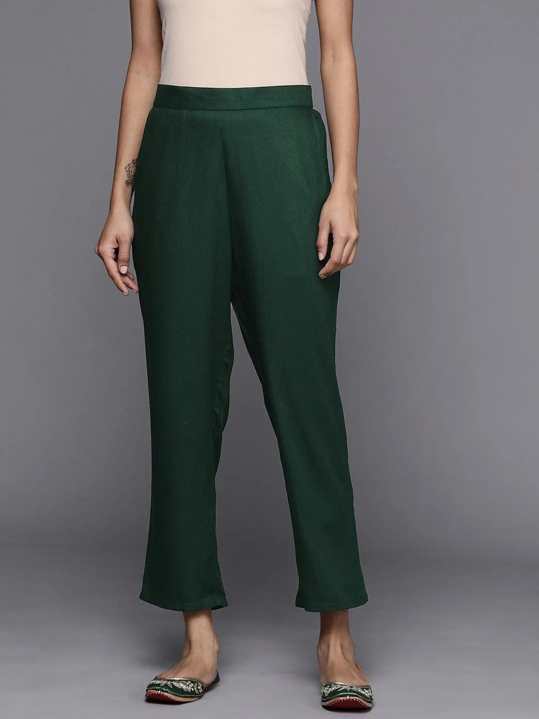 Green Solid Pashmina Wool Trousers - Jashvi