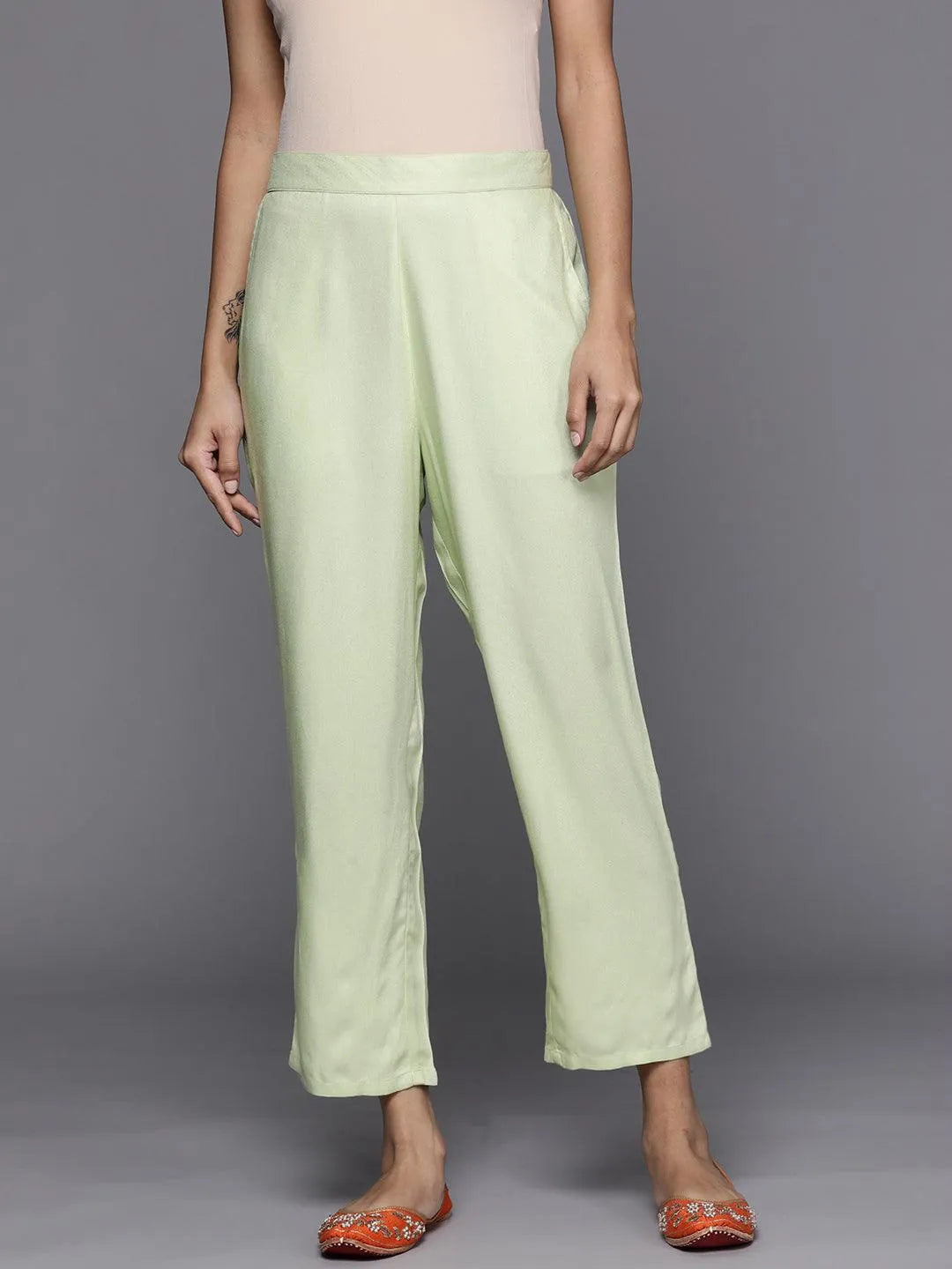 Green Solid Pashmina Wool Trousers - Jashvi