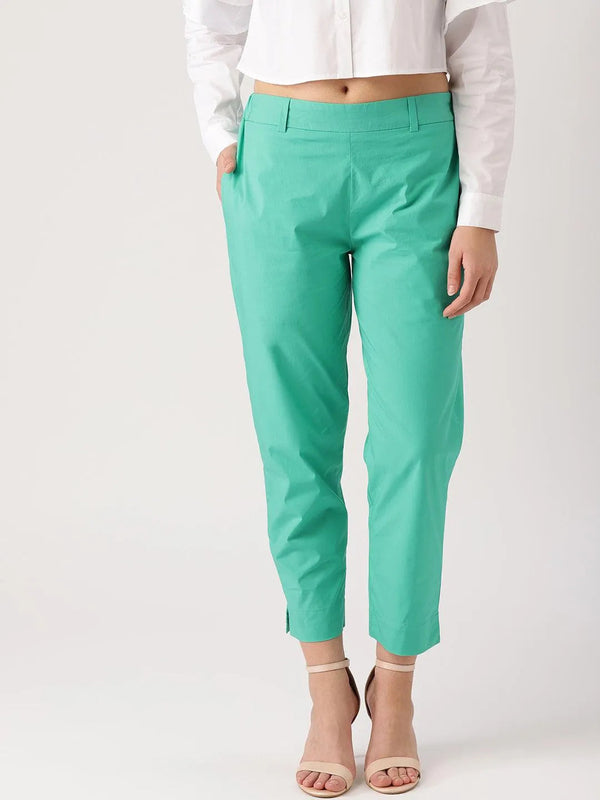 Green Solid Polyester Trousers