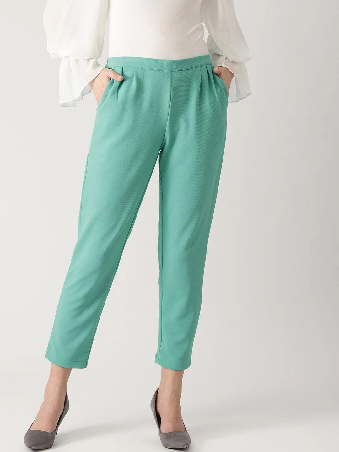 Green Solid Polyester Trousers - Jashvi