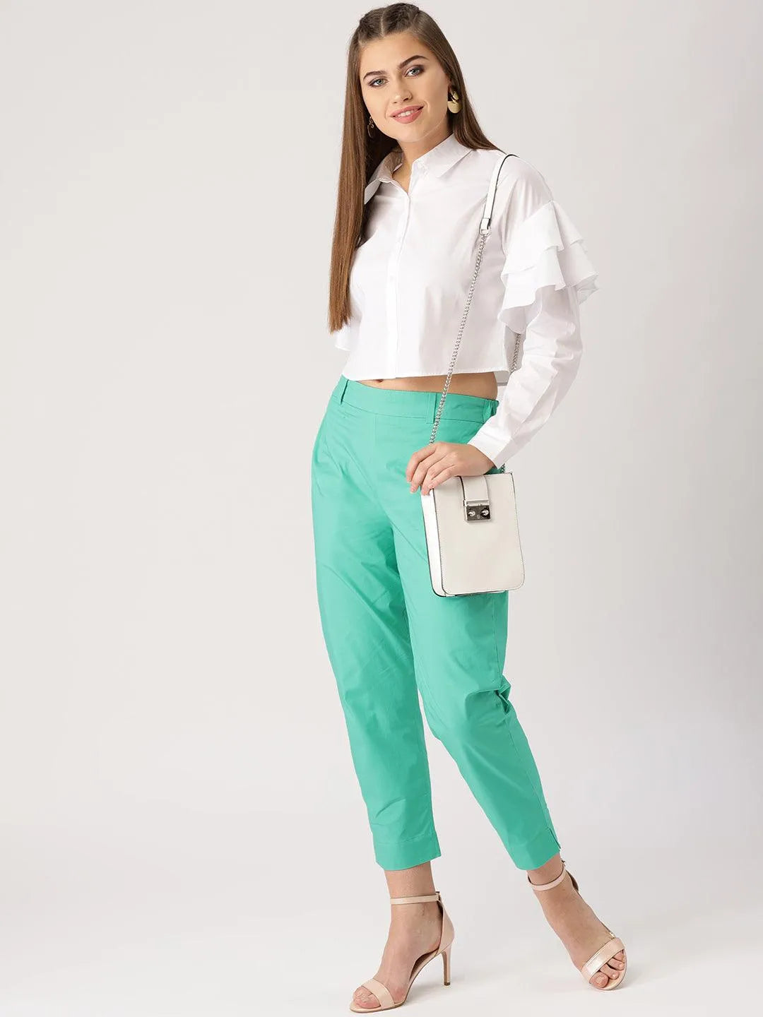 Green Solid Polyester Trousers - Jashvi