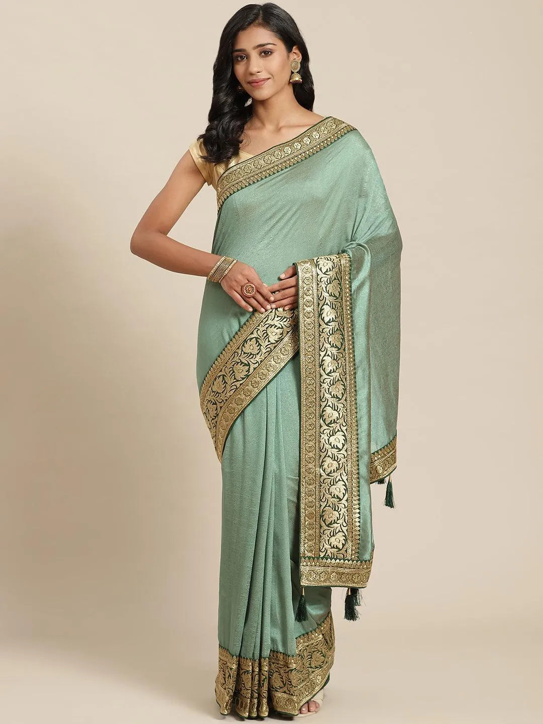 Green Solid Silk Blend Saree - Jashvi