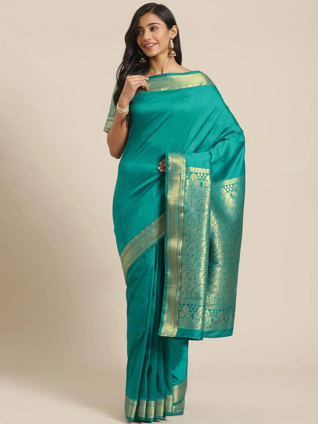 Green Solid Silk Blend Saree - Jashvi