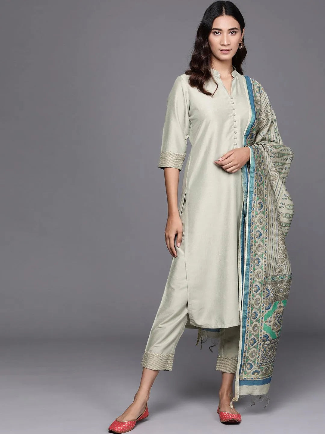 Green Solid Silk Blend Suit Set - Jashvi