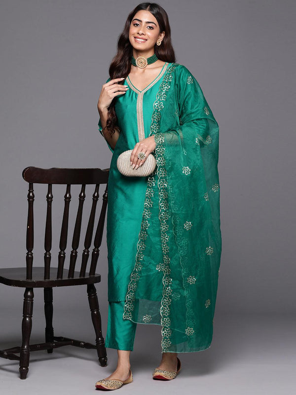 Green Solid Silk Blend Straight Kurta With Trousers & Dupatta - Jashvi