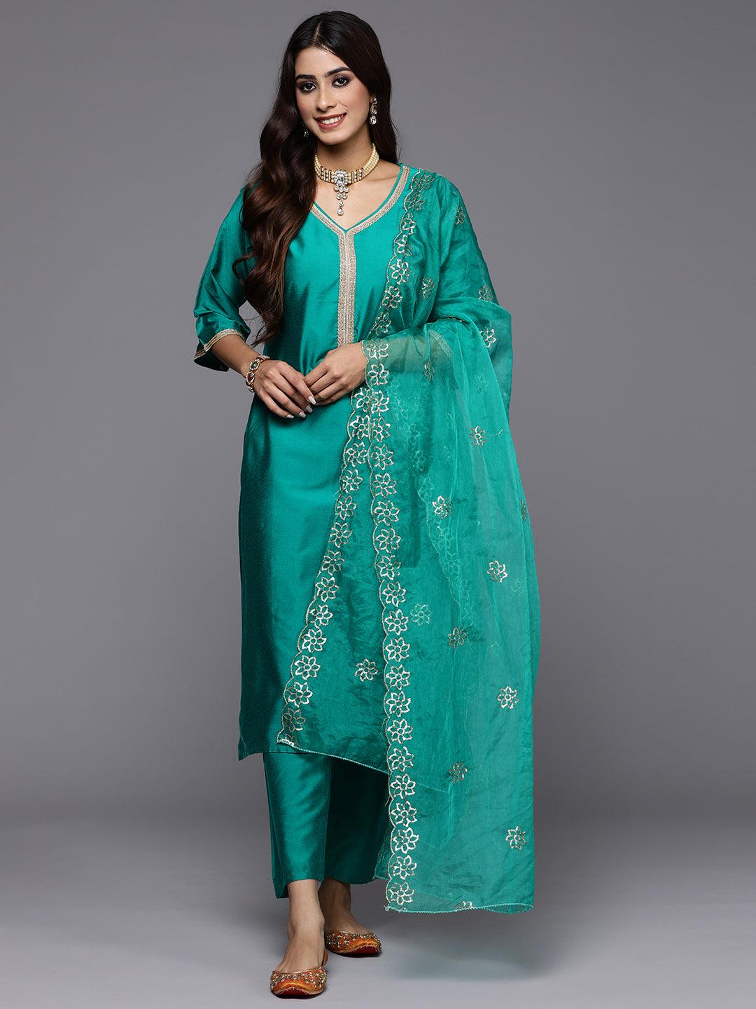 Green Solid Silk Blend Straight Kurta With Trousers & Dupatta - Jashvi