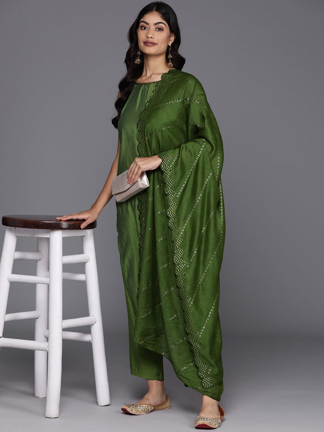 Green Solid Silk Blend Straight Kurta With Trousers & Dupatta - Jashvi