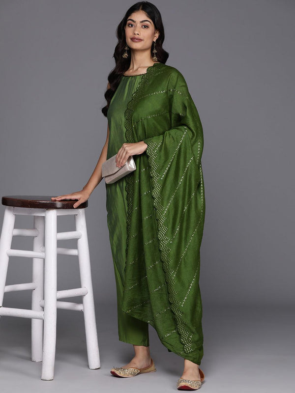 Green Solid Silk Blend Straight Kurta With Trousers & Dupatta - Jashvi