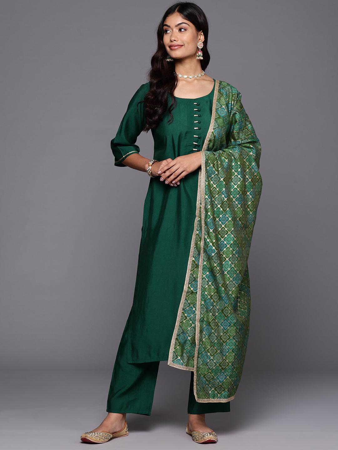 Green Solid Silk Blend Straight Kurta With Trousers & Dupatta - Jashvi