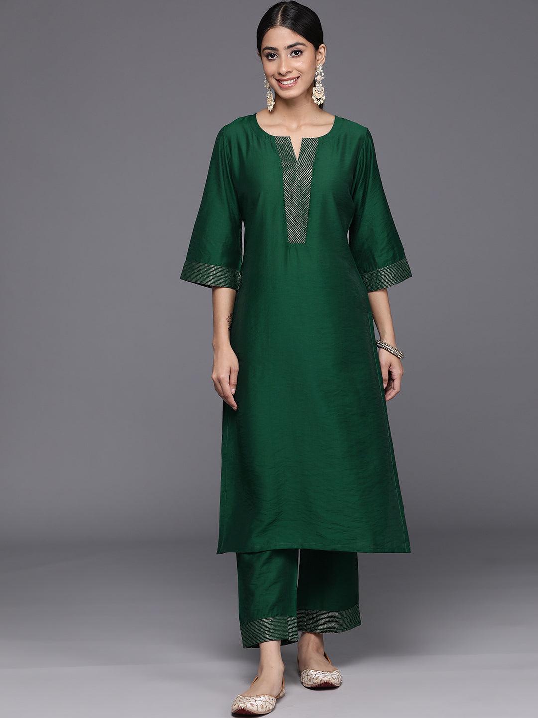 Green Solid Silk Blend Straight Kurta With Trousers & Dupatta - Jashvi