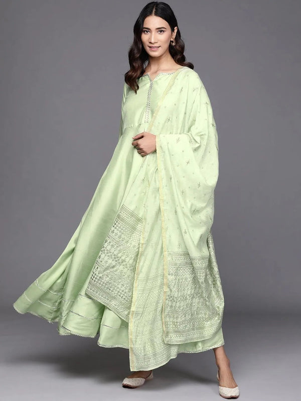 Green Solid Silk Dress With Dupatta - Jashvi