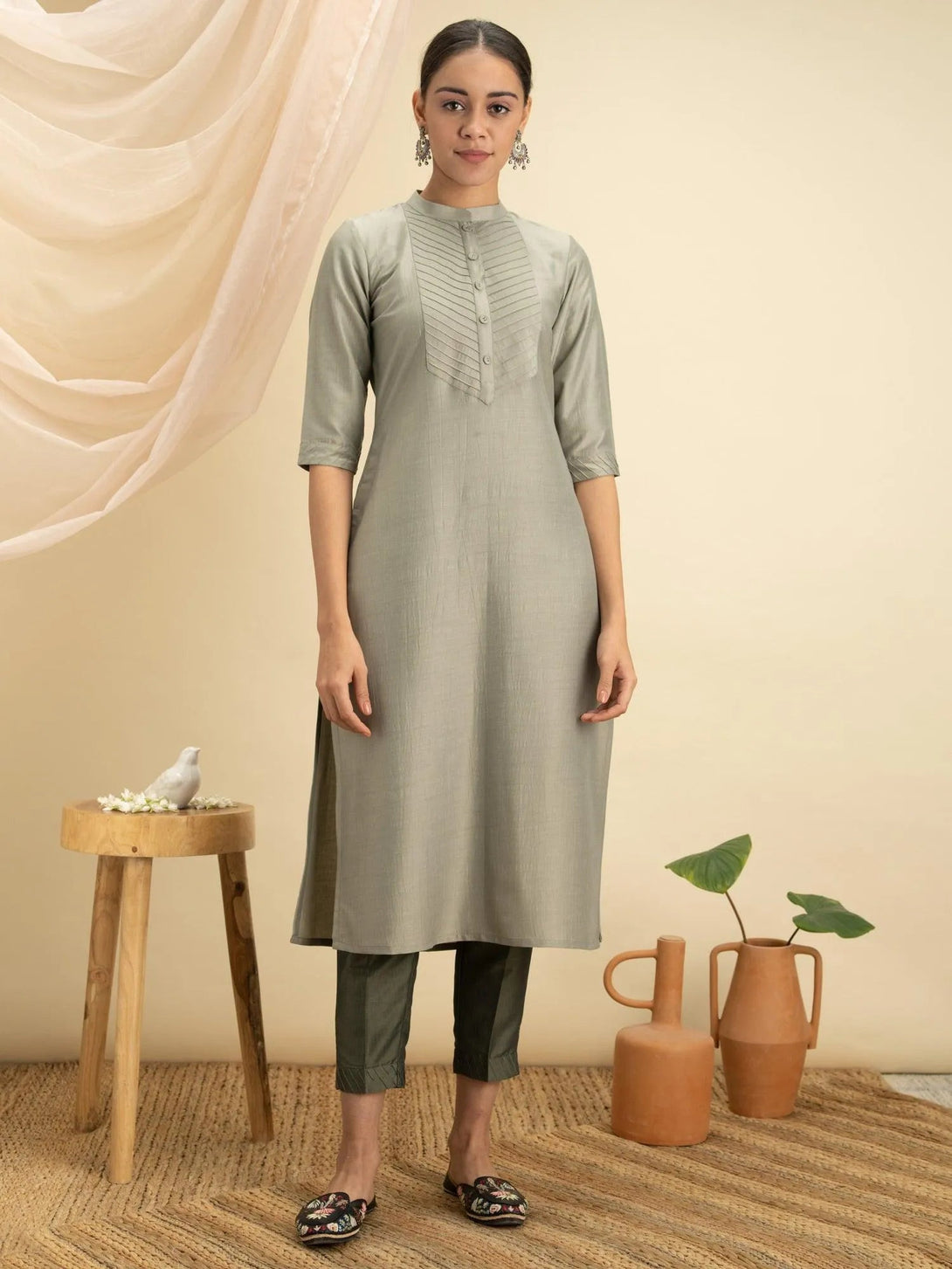 Green Solid Silk Kurta - Jashvi