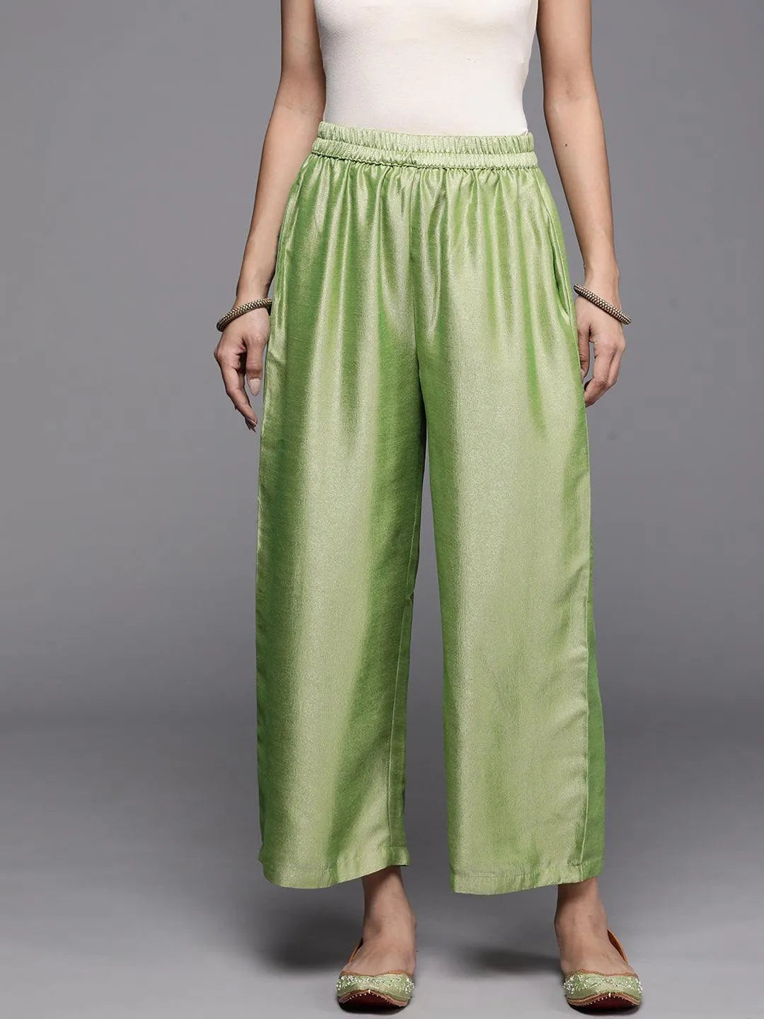 Green Solid Silk Palazzos - Jashvi