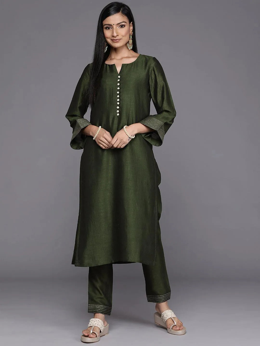 Green Solid Silk Straight Kurta - Jashvi