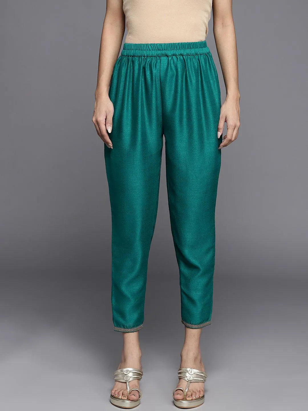 Green Solid Silk Trousers - Jashvi