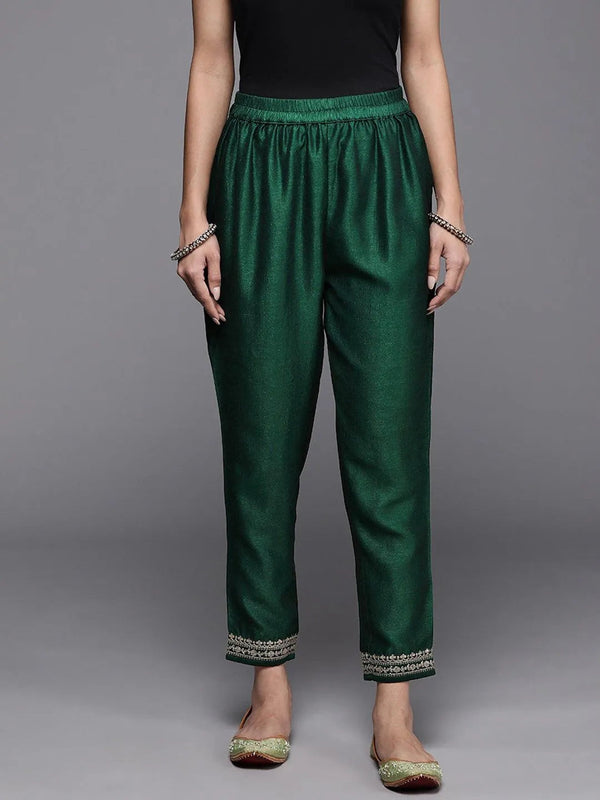 Green Solid Silk Trousers - Jashvi