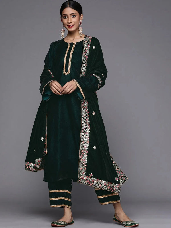 Green Solid Velvet Suit Set - Jashvi