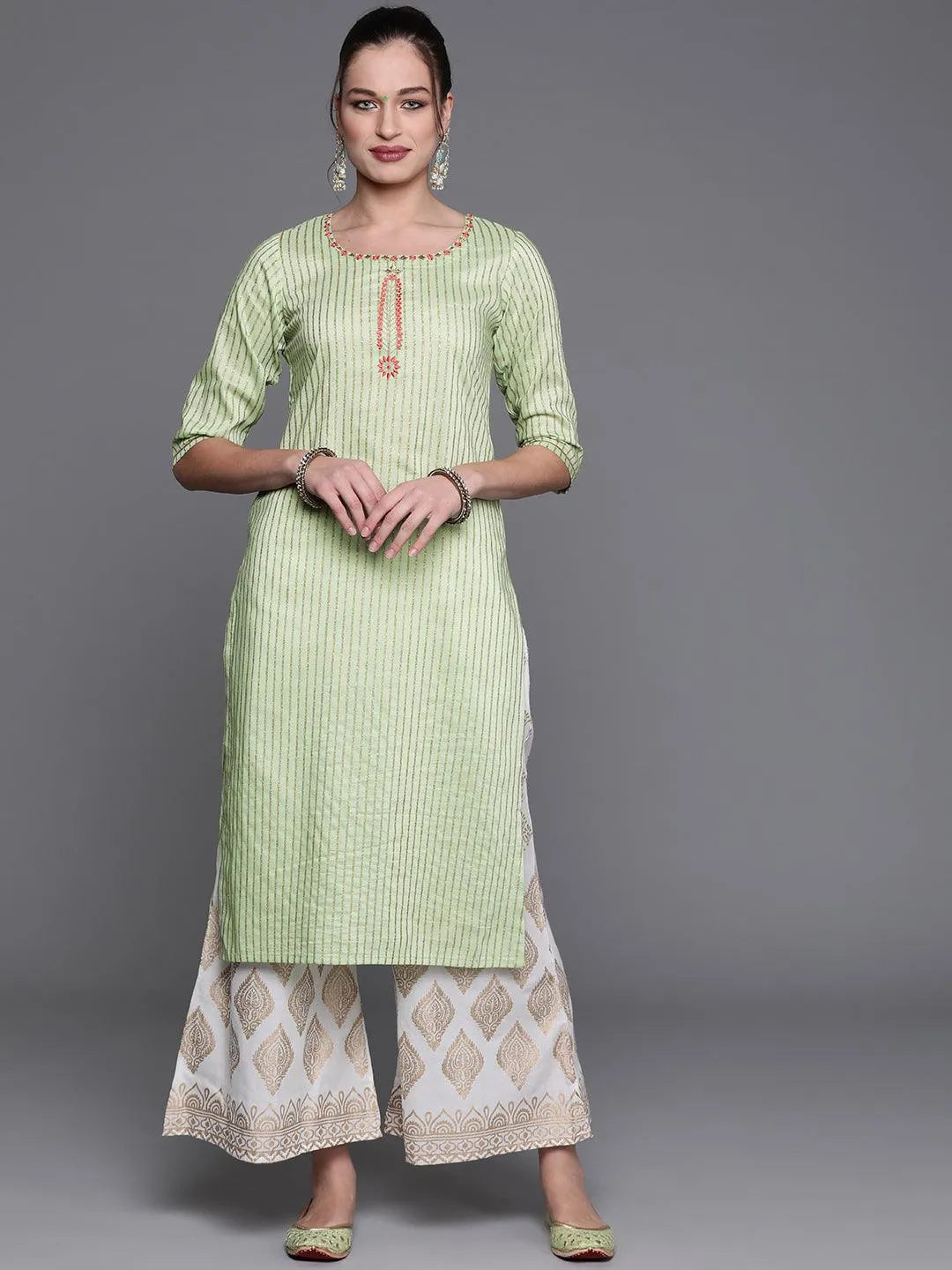 Green Striped Chanderi Silk Kurta - Jashvi