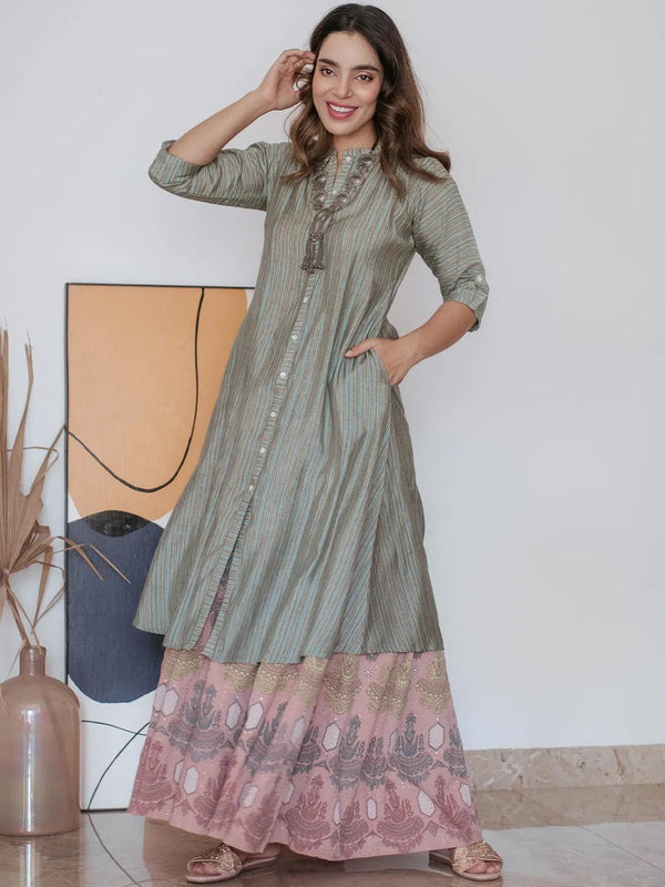 Green Striped Chanderi Silk Kurta - Jashvi