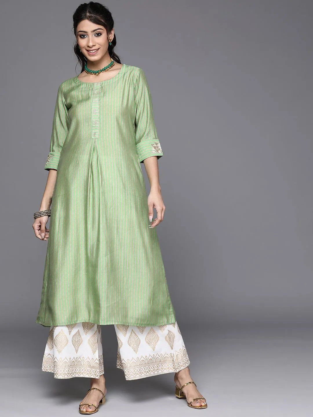 Green Striped Chanderi Silk Kurta - Jashvi