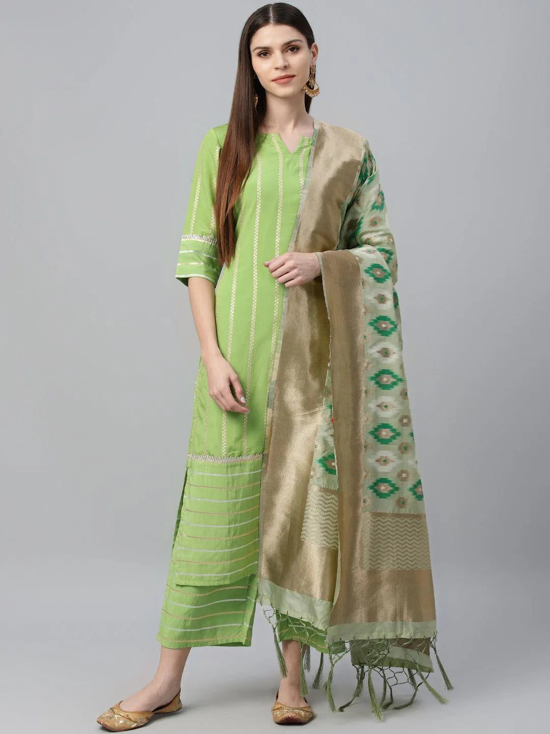 Green Striped Chanderi Suit Set - Jashvi