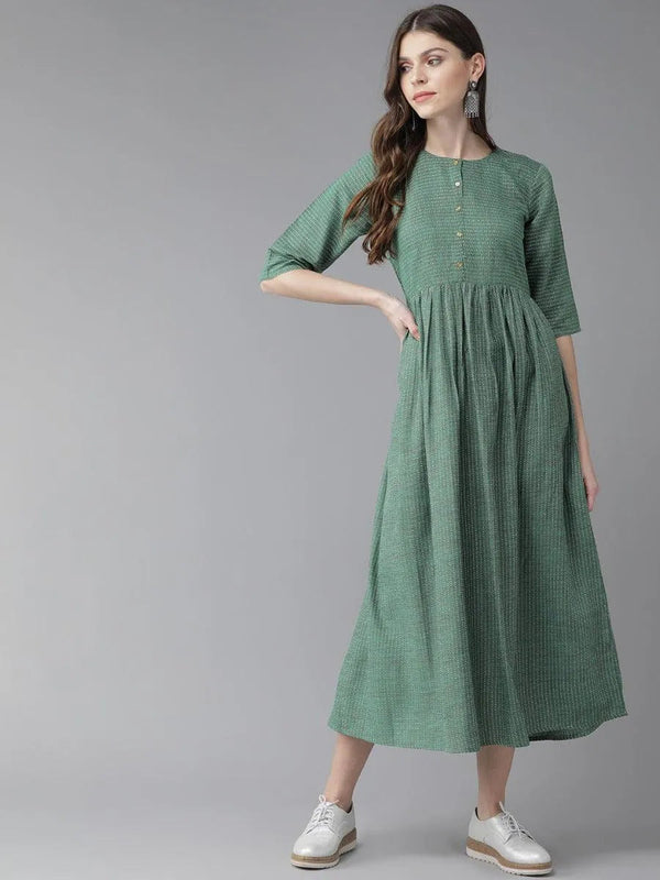 Green Striped Cotton Dress - Jashvi