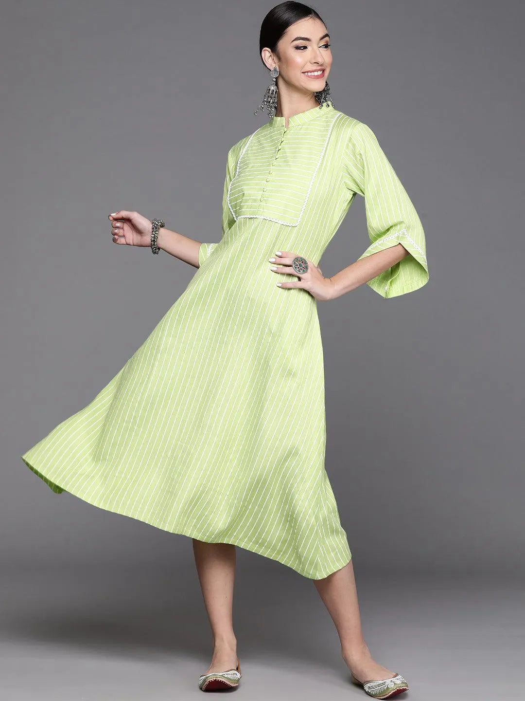 Green Striped Cotton Dress - Jashvi