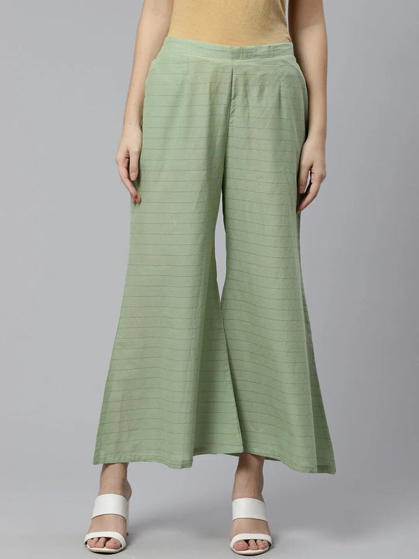 Green Striped Cotton Palazzos - Jashvi