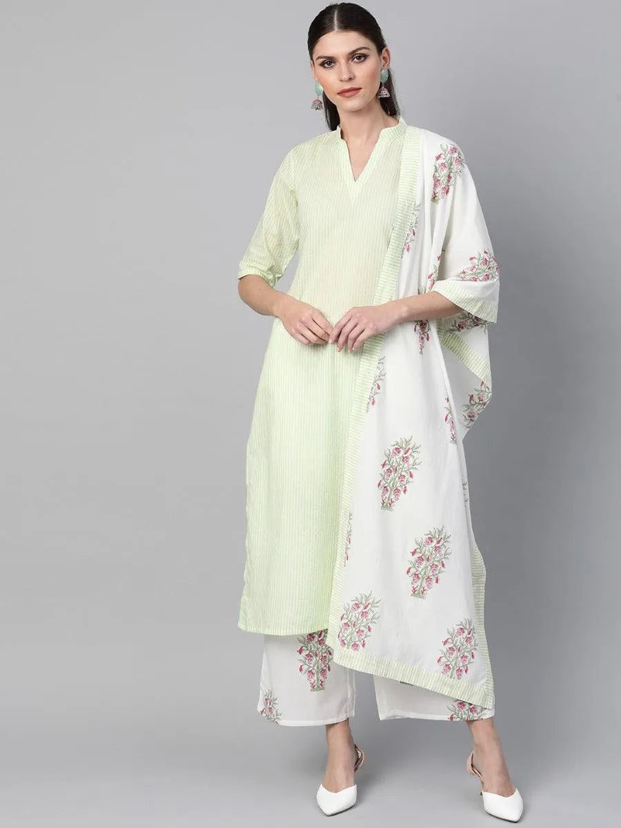 Green Striped Cotton Suit Set - Jashvi