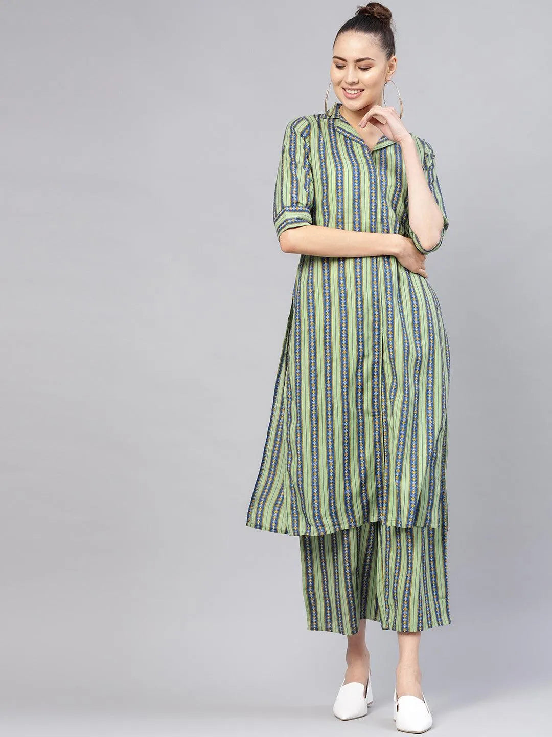 Green Striped Cotton Kurta Set - Jashvi