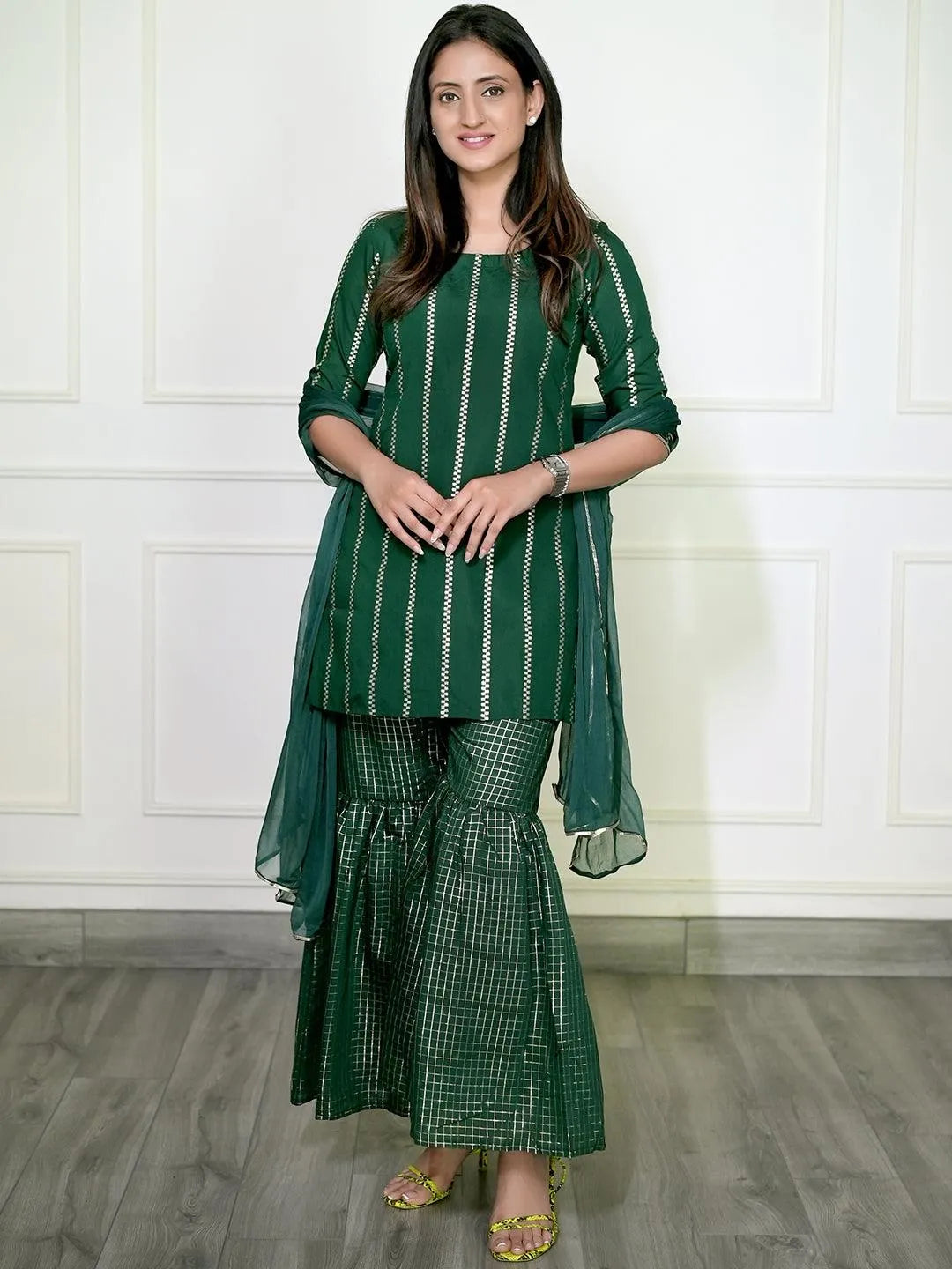 Green Striped Polyester Suit Set - Jashvi