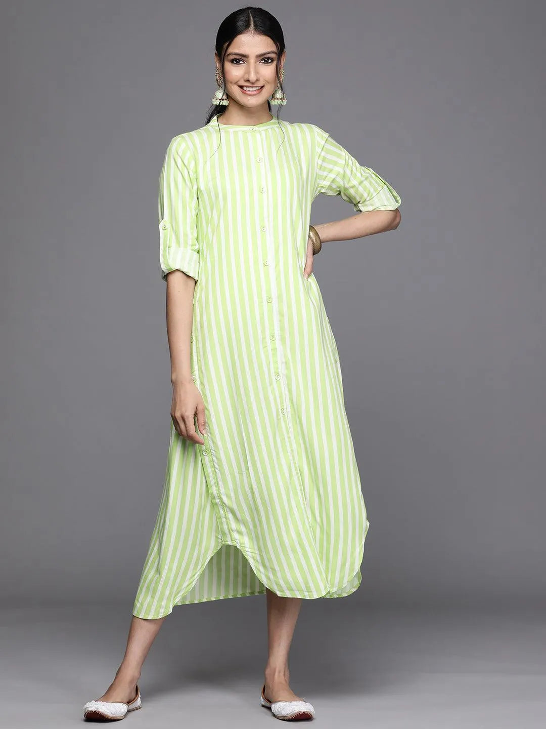 Green Striped Rayon Dress - Jashvi