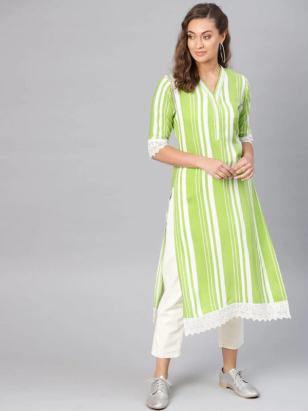 Green Striped Rayon Kurta - Jashvi