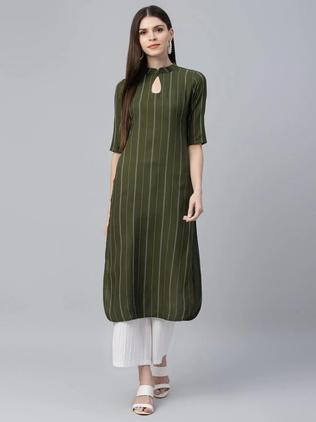 Green Striped Rayon Kurta - Jashvi