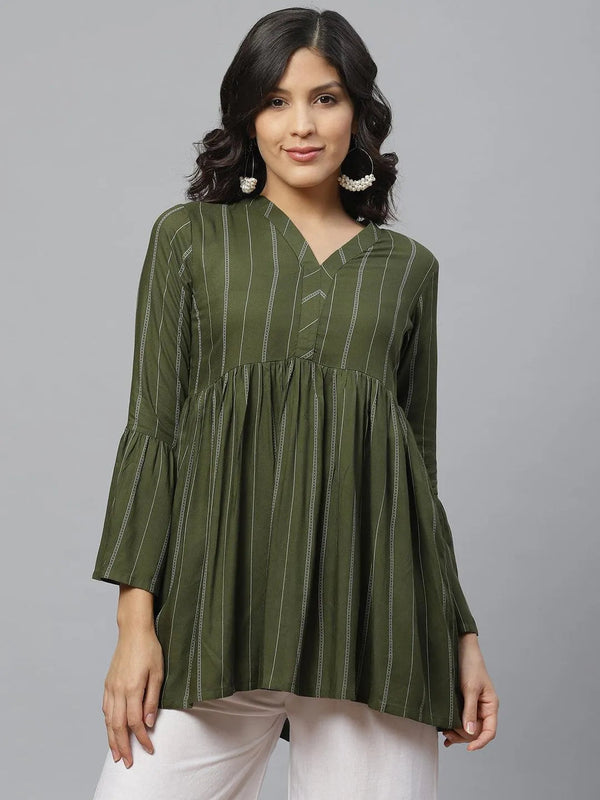 Green Striped Rayon Kurti - Jashvi