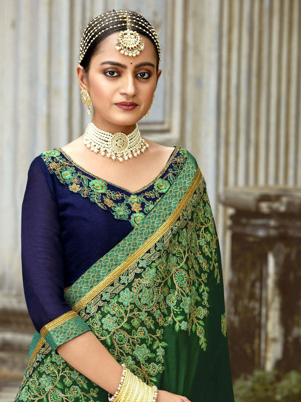 Women's Green Stunning Embroidered Art Silk Saree - Odette