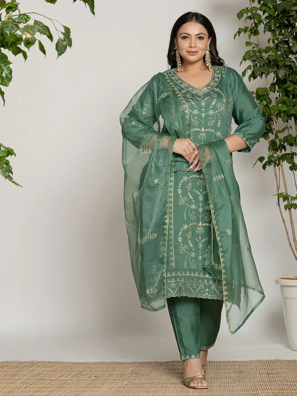 Green Thread_Work Silk Blend Straight Plus Size Kurta Dupatta Pant Set