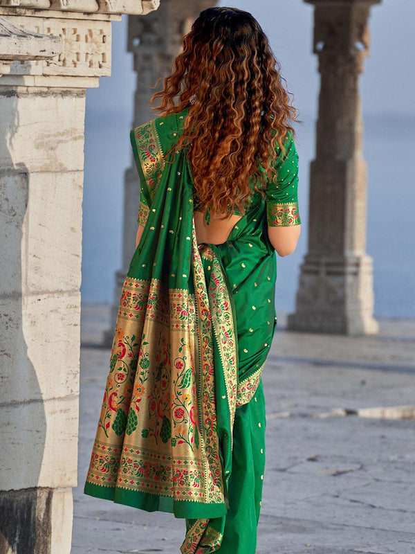 Women's Green Unique Banarasi Silk Paithani Saree - Odette