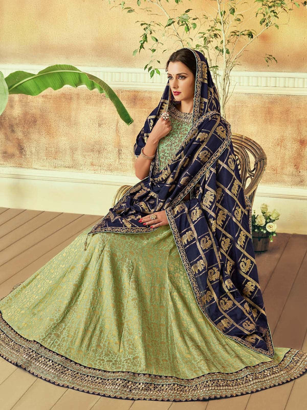 Women's Green Weaved Silk Designer Lehenga Choli - Odette