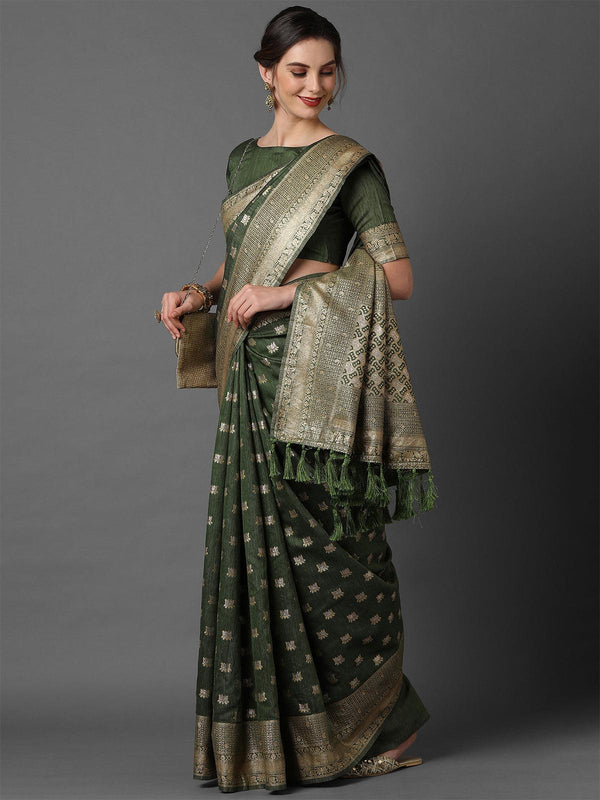 Women's Green Wedding Silk Blend Woven Design Saree With Unstitched Blouse - Odette