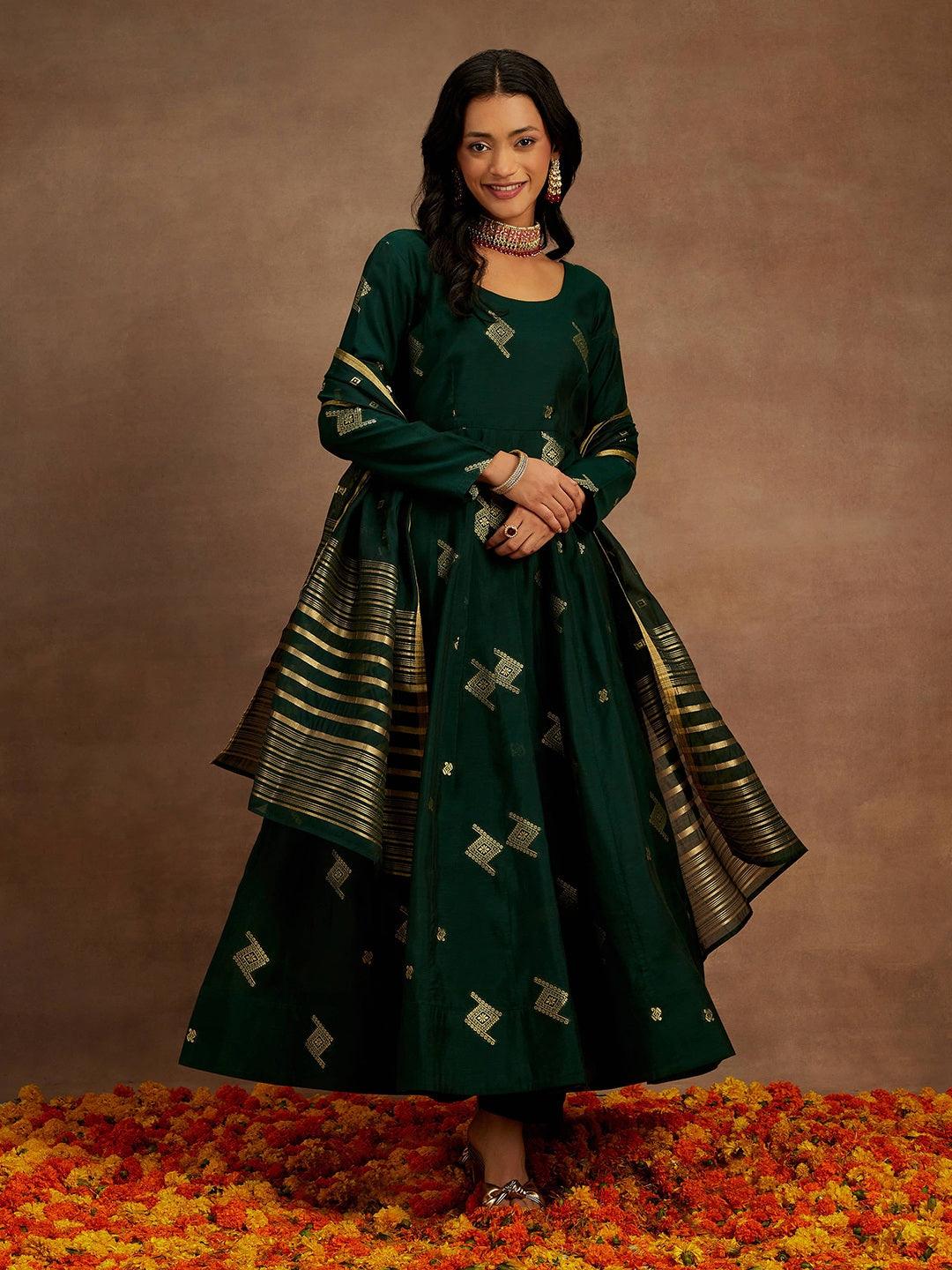 Green Woven Design Chanderi Silk Anarkali Kurta With Palazzos & Dupatta - Jashvi