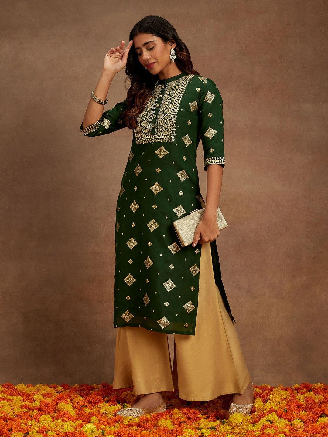 Green Woven Design Chanderi Silk Straight Kurta - Jashvi