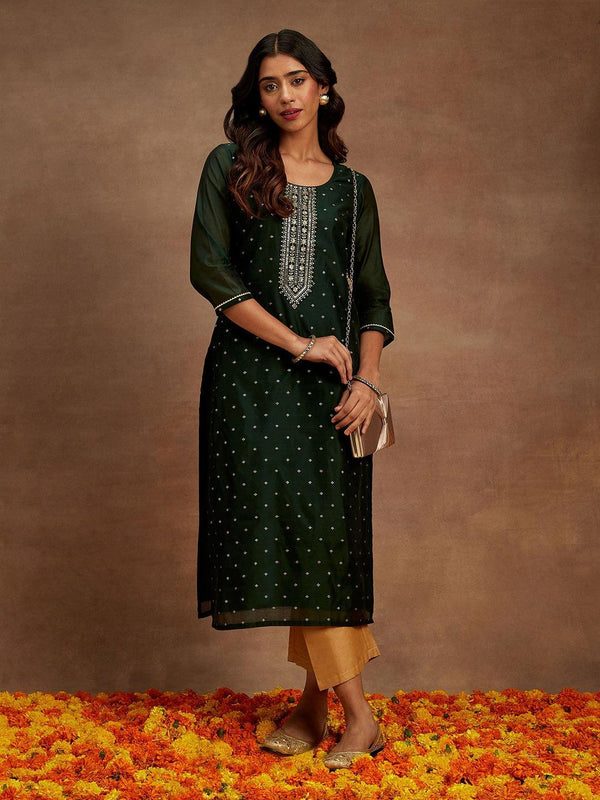 Green Woven Design Chanderi Silk Straight Kurta - Jashvi