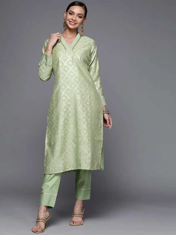 Green Woven Design Chanderi Silk Straight Kurta - Jashvi