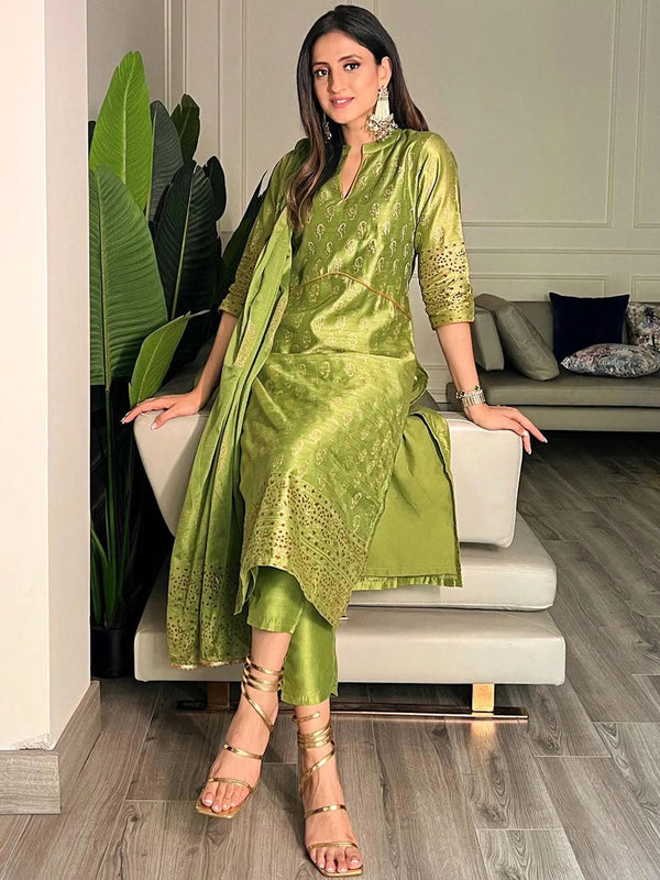 Green Woven Design Chanderi Silk Suit Set - Jashvi